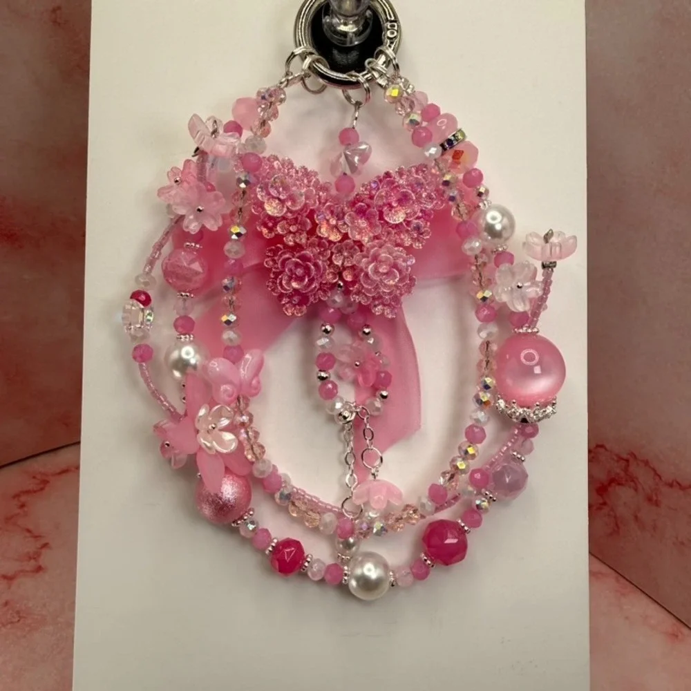 Flower Butterfly Pink Crystal Beaded Coquette Phone Wristlet Charm Premium